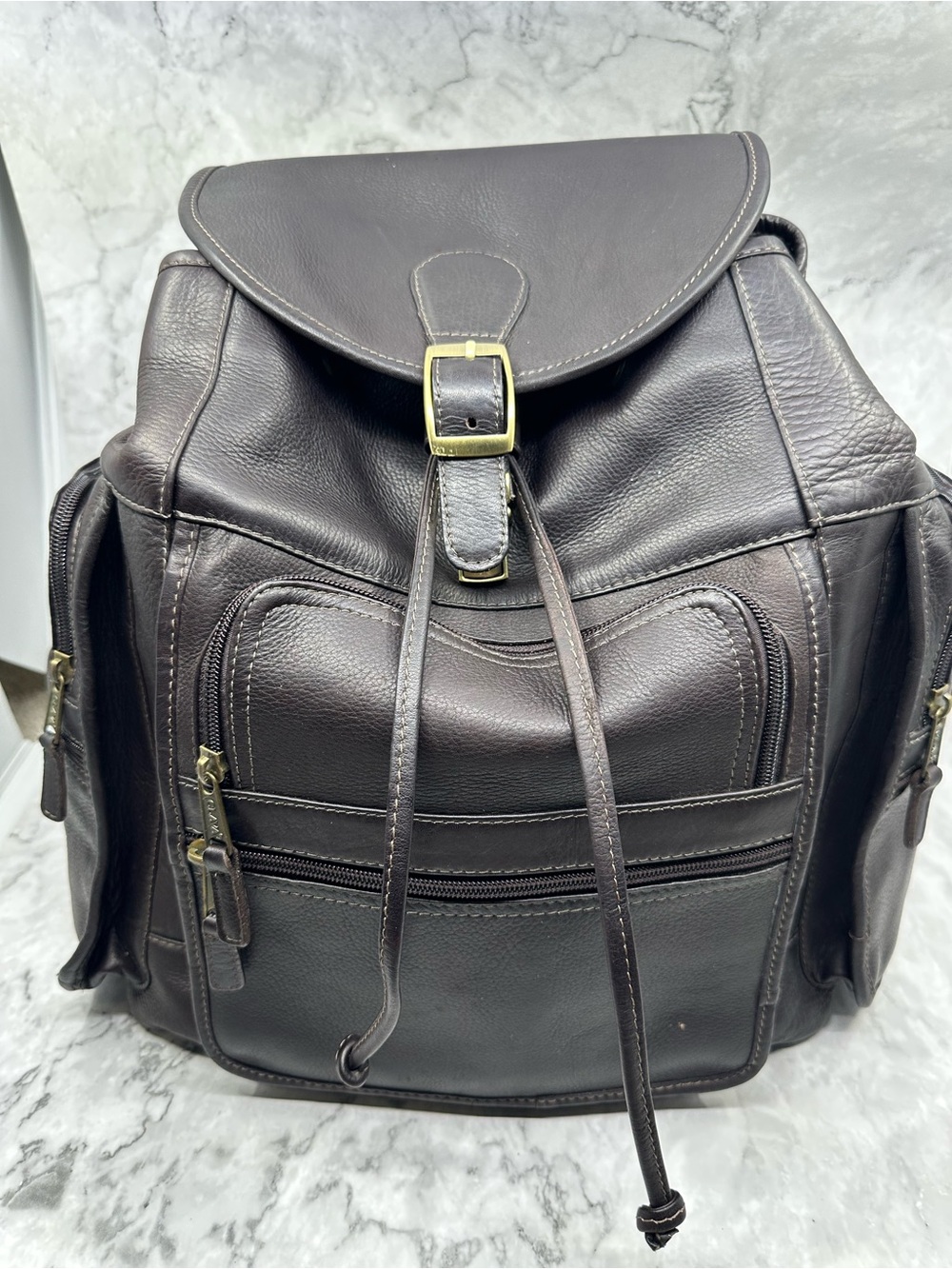 Men's Dark Brown Leather Drawstring Buckle Backpack